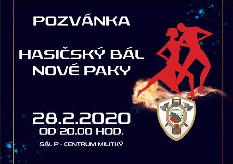 Pozvánka na hasičský bál Nové Paky, který se koná 28.8.2020 v P-Centrum Militký